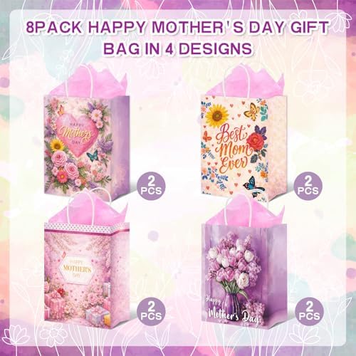 BDDYYI 8 Pzs Bolsa de Regalo Mediana para el Día de las Madres con Asas y Papel de Seda - Bolsas para Mujeres, Regalos para la Mejor Mamá - imagen 2