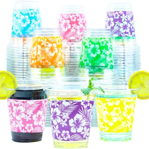 Paquete de 48 Vasos de Plástico de 14 OZ Decodinli para Fiesta Luau - Vasos Tropicales con Hibisco para Decoraciones y Suministros de Fiesta Aloha - imagen 1