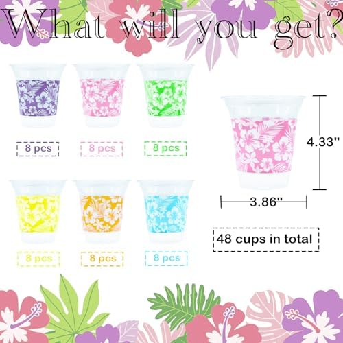 Paquete de 48 Vasos de Plástico de 14 OZ Decodinli para Fiesta Luau - Vasos Tropicales con Hibisco para Decoraciones y Suministros de Fiesta Aloha - imagen 2