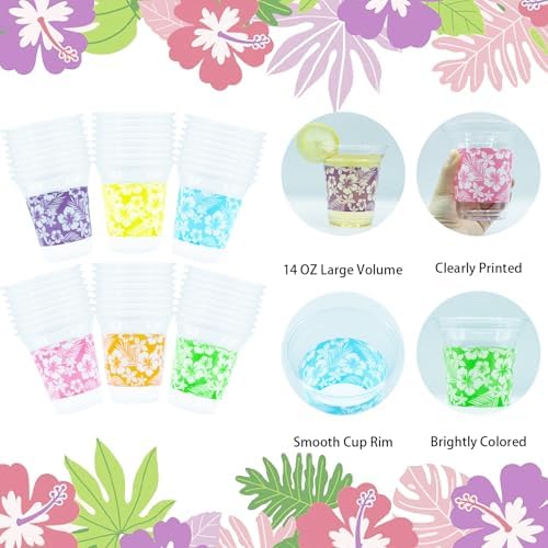 Paquete de 48 Vasos de Plástico de 14 OZ Decodinli para Fiesta Luau - Vasos Tropicales con Hibisco para Decoraciones y Suministros de Fiesta Aloha - imagen 3