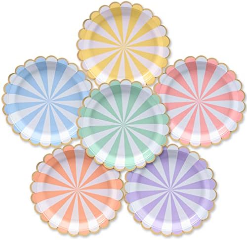 Platos de Papel Desechables Confettiville, 50 Piezas, Borde Ondulado en Foil Dorado, Rayas Pastel, 6 Colores, 9 Pulgadas - imagen 1