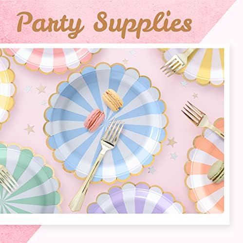 Platos de Papel Desechables Confettiville, 50 Piezas, Borde Ondulado en Foil Dorado, Rayas Pastel, 6 Colores, 9 Pulgadas - imagen 3