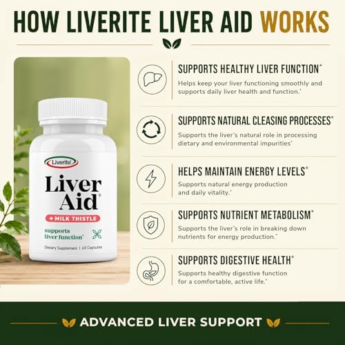 LIVERITE Suplemento para el Hígado con Cardo Mariano 60 Cápsulas, Apoyo Hepático con Aminoácidos, Colina, Vitamina B12 – Función Hepática Saludable, - imagen 4
