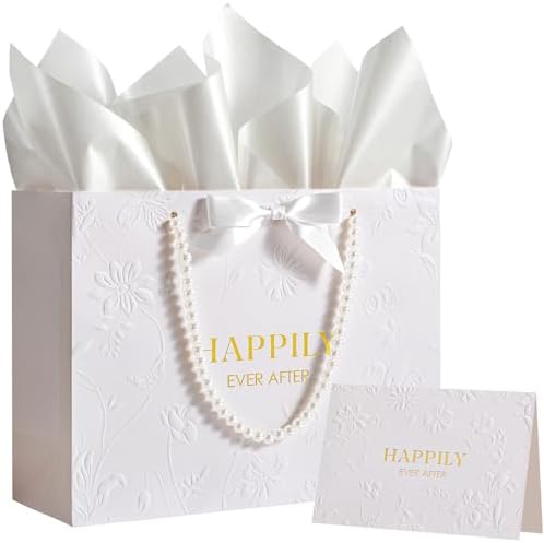 Bolsa de Regalo de Boda Crisky de 13 con Asas de Perlas, Grande para Ducha Nupcial con Tarjeta de Felicitación y Papel de Seda (Feliz Para Siempre) - imagen 1