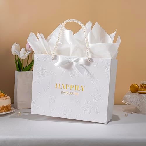 Bolsa de Regalo de Boda Crisky de 13 con Asas de Perlas, Grande para Ducha Nupcial con Tarjeta de Felicitación y Papel de Seda (Feliz Para Siempre) - imagen 3