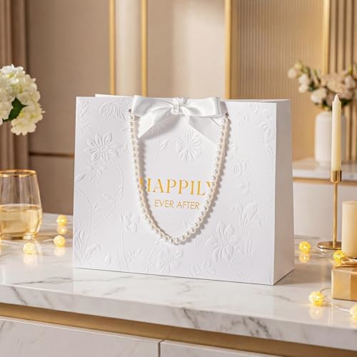 Bolsa de Regalo de Boda Crisky de 13 con Asas de Perlas, Grande para Ducha Nupcial con Tarjeta de Felicitación y Papel de Seda (Feliz Para Siempre) - imagen 5