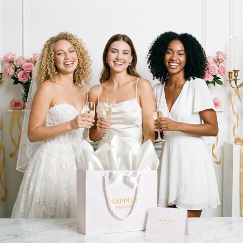 Bolsa de Regalo de Boda Crisky de 13 con Asas de Perlas, Grande para Ducha Nupcial con Tarjeta de Felicitación y Papel de Seda (Feliz Para Siempre) - imagen 7