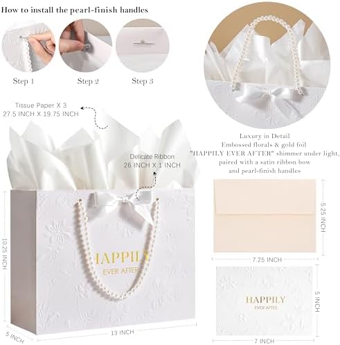 Bolsa de Regalo de Boda Crisky de 13 con Asas de Perlas, Grande para Ducha Nupcial con Tarjeta de Felicitación y Papel de Seda (Feliz Para Siempre) - imagen 8