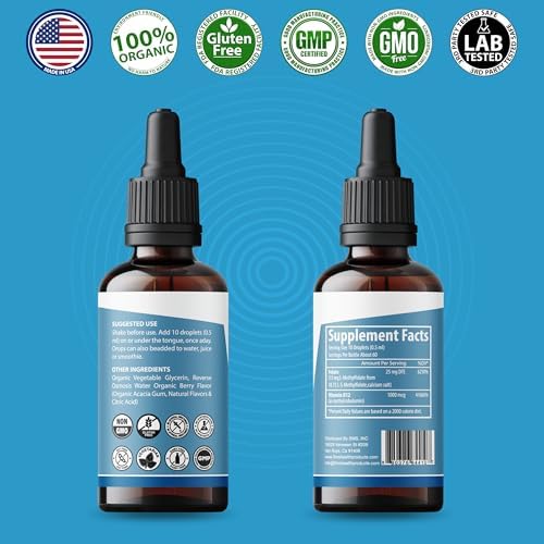 L-Metilfolato 15mg + Gotas Líquidas de Metil B12 – Fórmula Sublingual de Alta Potencia con Sabor Natural a Baya – Soporte para el Ánimo, Salud - imagen 2