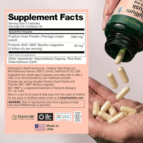 Cápsulas de Psyllium VAHDAM 1800 mg con Probióticos (2 Mil Millones CFU) | Apoya la Digestión y Salud Intestinal | 90 Cápsulas Veganas - imagen 2