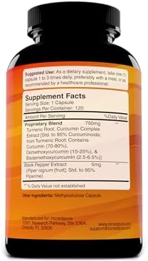 Suplemento de Cúrcuma y Curcumina con Extracto de Pimienta Negra - 755mg por Cápsula, 120 Cápsulas Veganas de Curcumin Incredipure - imagen 2