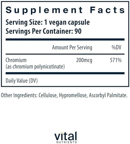 Vital Nutrients Chromium Polynicotinate 200 mcg - Suplemento para Metabolismo de Grasas y Carbohidratos - Mantenimiento de Colesterol - 90 Cápsulas - imagen 2