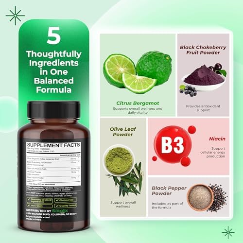 Suplemento Orgánico de Bergamota Premium con Niacina, Aronia Negra, Hoja de Olivo y Pimienta Negra - Apoyo a la Salud Cardiovascular, 150 Días (150 - imagen 4