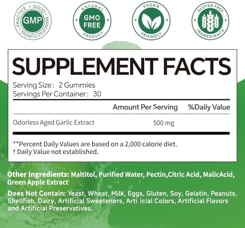 Gomitas de Extracto de Ajo Aged Sin Olor LallaBest, Suplemento Antioxidante Potente, Apoyo Inmunológico y Salud Cardiaca, Sabor Manzana Verde - imagen 6