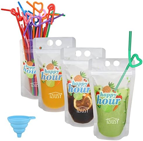 100 Piezas de Bolsas de Plástico con Cierre para Bebidas, Resistentes y Transparentes, con 100 Popotes y Embudo Incluidos - imagen 1