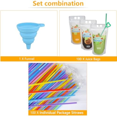 100 Piezas de Bolsas de Plástico con Cierre para Bebidas, Resistentes y Transparentes, con 100 Popotes y Embudo Incluidos - imagen 2
