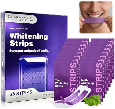 28 Tiras Blanqueadoras de Dientes Moradas, Seguras para Esmalte, Fórmula Diaria para Manchas Superficiales y Brillo Natural, Tiras Portátiles para - imagen 1