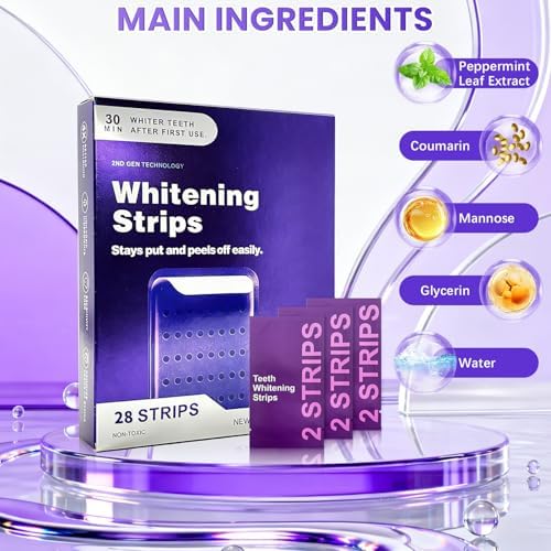 28 Tiras Blanqueadoras de Dientes Moradas, Seguras para Esmalte, Fórmula Diaria para Manchas Superficiales y Brillo Natural, Tiras Portátiles para - imagen 4
