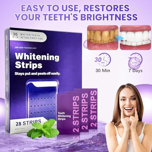 28 Tiras Blanqueadoras de Dientes Moradas, Seguras para Esmalte, Fórmula Diaria para Manchas Superficiales y Brillo Natural, Tiras Portátiles para - imagen 5