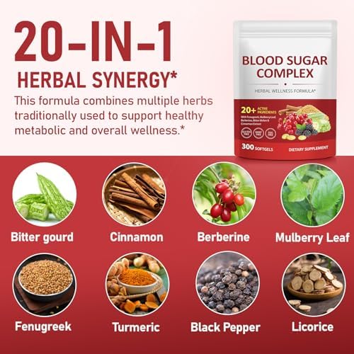 Suplemento de 300 Cápsulas Blandas para el Control de Azúcar en Sangre, con Canela, Cúrcuma, Regaliz, Pimienta Negra y Más, Vegano, No OGM, Sin Gluten - imagen 2