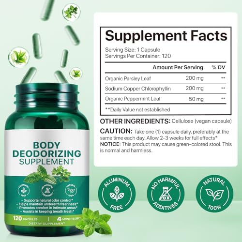 Cápsulas de Clorofila | Suplemento Desodorante Natural | Control de Olores Internos | con Clorofilina, Perejil y Menta | Salud de Piel, Aliento y - imagen 2