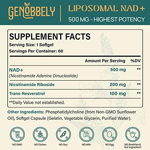 Suplemento Liposomal de NAD+ GENOBBELY 800 mg con Nicotinamida Ribósido 200 mg y Trans-Resveratrol 100 mg - 60 Días para Reparación del ADN y - imagen 2