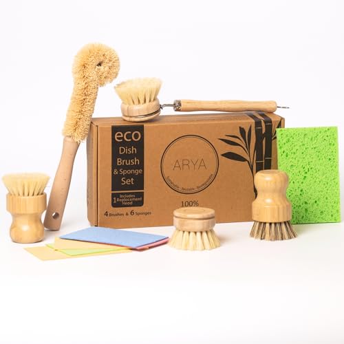 Set de Cepillos de Cocina ARYA | 4 Cepillos de Madera y 1 Cabezal de Repuesto | Bambú y Fibras Naturales | Alternativa Ecológica a Esponjas y - imagen 1