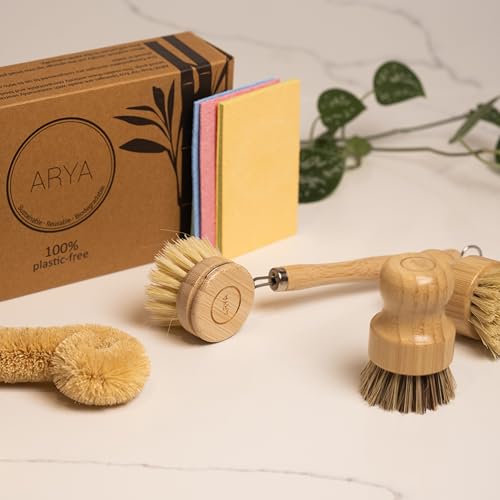 Set de Cepillos de Cocina ARYA | 4 Cepillos de Madera y 1 Cabezal de Repuesto | Bambú y Fibras Naturales | Alternativa Ecológica a Esponjas y - imagen 2