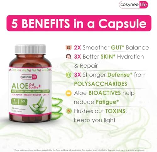 Cosynee Life Extracto de Hoja de Aloe Vera 300mg | 15% Acemannan y Bajo Aloína | 120 Cápsulas de Gel Orgánico para Piel, Inmunidad y Detox - imagen 3