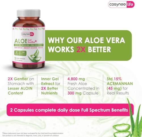 Cosynee Life Extracto de Hoja de Aloe Vera 300mg | 15% Acemannan y Bajo Aloína | 120 Cápsulas de Gel Orgánico para Piel, Inmunidad y Detox - imagen 4