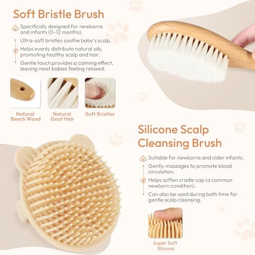 Set de Cepillo y Peine para Bebés - 4 Piezas de Madera con Cerda Suave para Recién Nacidos, Kit Esencial para Cuidado del Cabello - Regalo para Baby - imagen 3