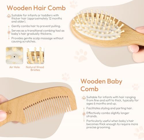 Set de Cepillo y Peine para Bebés - 4 Piezas de Madera con Cerda Suave para Recién Nacidos, Kit Esencial para Cuidado del Cabello - Regalo para Baby - imagen 4
