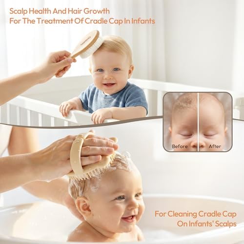 Set de Cepillo y Peine para Bebés - 4 Piezas de Madera con Cerda Suave para Recién Nacidos, Kit Esencial para Cuidado del Cabello - Regalo para Baby - imagen 5
