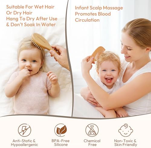 Set de Cepillo y Peine para Bebés - 4 Piezas de Madera con Cerda Suave para Recién Nacidos, Kit Esencial para Cuidado del Cabello - Regalo para Baby - imagen 6