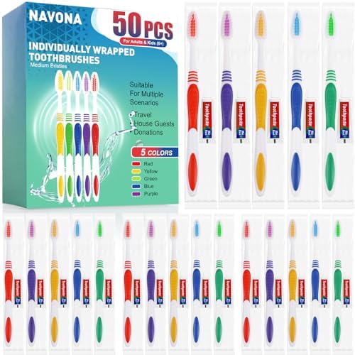 Cepillos de Dientes Desechables Navona 50 Piezas con Pasta Dental, Envuelto Individualmente, Mango Ergonómico, Cerda Suave Media, Ideal para Viajes y - imagen 1