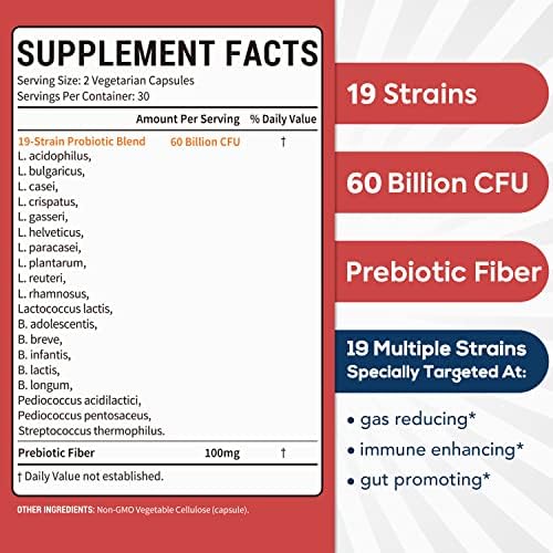 Surebounty Probióticos 60 Mil Millones CFU, 19 Cepas para Hombres y Mujeres, 100mg Prebiótico, Estables, 60 Cápsulas Veganas para Salud Digestiva e - imagen 2