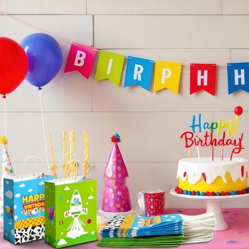 Bolsas de Regalo CHENRINDECO 24PCS con Patrón de Vaca para Fiesta de Cumpleaños, Bolsas de Papel Azul Cielo y Nubes Blancas con Asa, Suministros para - imagen 7