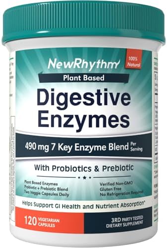 Nuevos Enzimas Digestivas NewRhythm 490 mg con Probióticos y Prebióticos, 7 Enzimas Clave, 120 Cápsulas Veganas - imagen 1