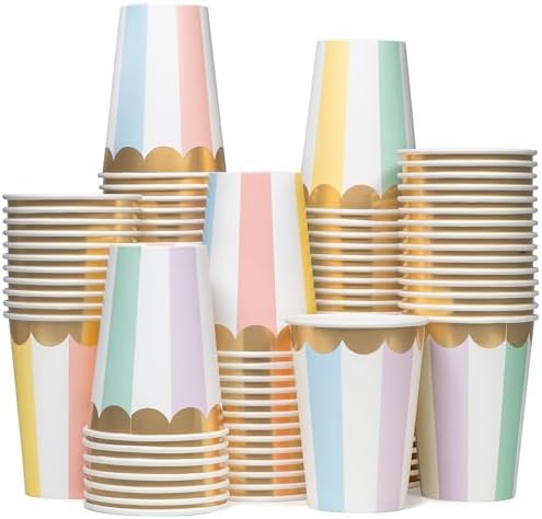 Tazas de papel desechables Confettiville, paquete de 100, rayas pastel, resistentes a fugas, 12 oz, ideales para restaurantes y fiestas - imagen 1