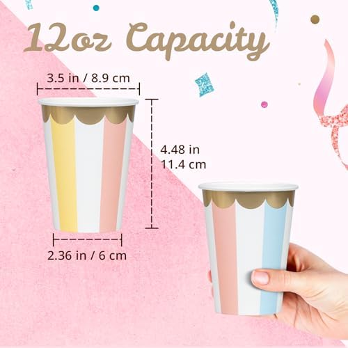Tazas de papel desechables Confettiville, paquete de 100, rayas pastel, resistentes a fugas, 12 oz, ideales para restaurantes y fiestas - imagen 4