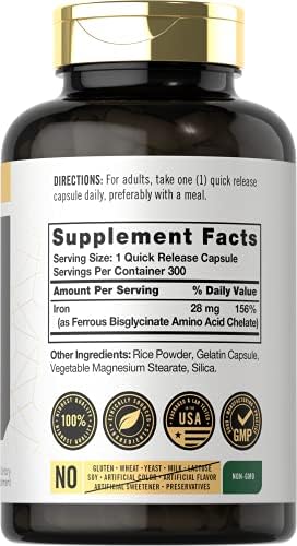 Suplemento de Hierro Carlyle para Mujeres y Hombres | 28mg | 300 Cápsulas | Bisglicinato de Hierro | Sin OGM y Sin Gluten - imagen 2
