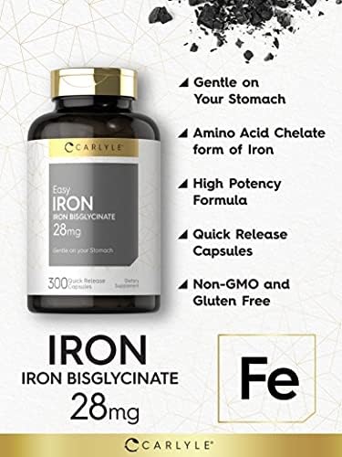 Suplemento de Hierro Carlyle para Mujeres y Hombres | 28mg | 300 Cápsulas | Bisglicinato de Hierro | Sin OGM y Sin Gluten - imagen 3