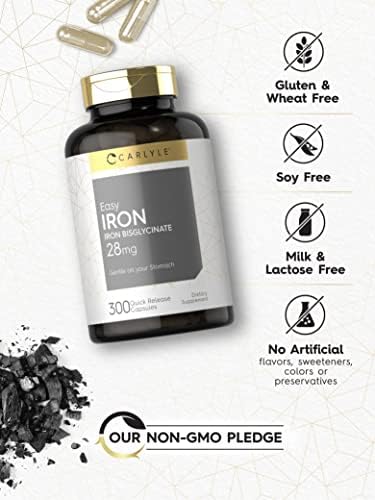 Suplemento de Hierro Carlyle para Mujeres y Hombres | 28mg | 300 Cápsulas | Bisglicinato de Hierro | Sin OGM y Sin Gluten - imagen 4