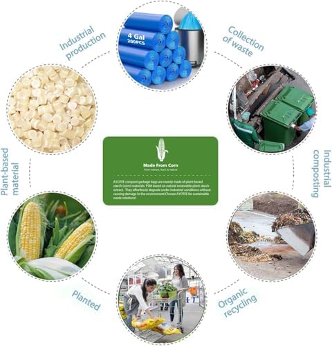 Bolsas de Basura Compostables AYOTEE - 4 Galones, 200 Paquetes, Biodegradables, Bolsas Azules para Reciclaje, Sin Filtraciones, para Baño - imagen 2