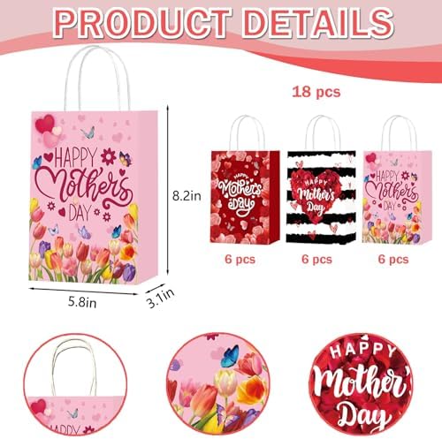 Bolsas de Regalo para el Día de las Madres cocokawats 18 Piezas con Asas, Diseño de Tulipanes Rosados para Fiestas Temáticas - imagen 2