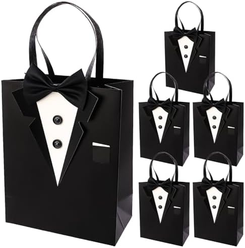 Bolsas de Regalo Crisky 6 Piezas Tuxedo Clásico Negro 3D con Lazo Real y Botones para Groomsman, Cumpleaños, Aniversario y Boda 10 x 8 x 4 - imagen 1