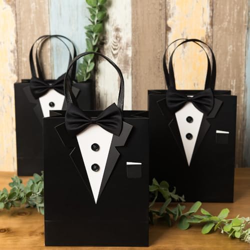 Bolsas de Regalo Crisky 6 Piezas Tuxedo Clásico Negro 3D con Lazo Real y Botones para Groomsman, Cumpleaños, Aniversario y Boda 10 x 8 x 4 - imagen 2