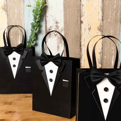Bolsas de Regalo Crisky 6 Piezas Tuxedo Clásico Negro 3D con Lazo Real y Botones para Groomsman, Cumpleaños, Aniversario y Boda 10 x 8 x 4 - imagen 3
