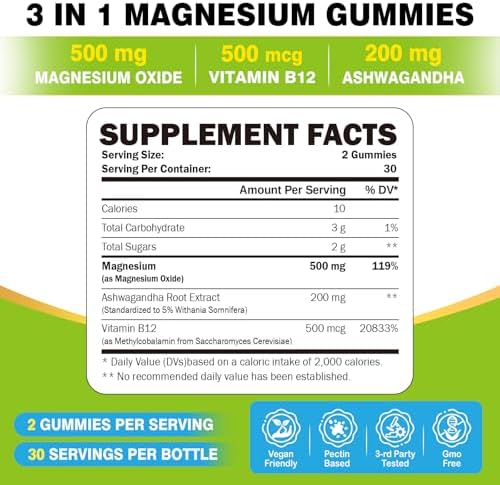 Gomitas de Óxido de Magnesio ZA'ZA K ORGANICS, 500mg con Ashwagandha y Vitamina B12 para Sueño, Nervios, Músculos, Huesos y Corazón, Suplemento - imagen 2