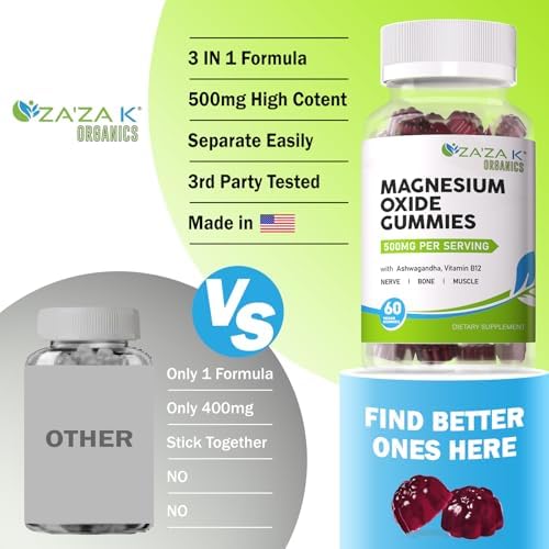 Gomitas de Óxido de Magnesio ZA'ZA K ORGANICS, 500mg con Ashwagandha y Vitamina B12 para Sueño, Nervios, Músculos, Huesos y Corazón, Suplemento - imagen 6